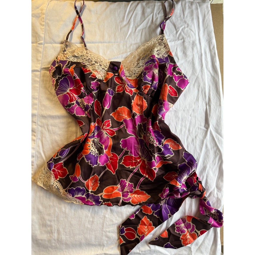 Mixit Y2K Petite Cami Top Small Brown Purple Floral Lace Trim Side Tie